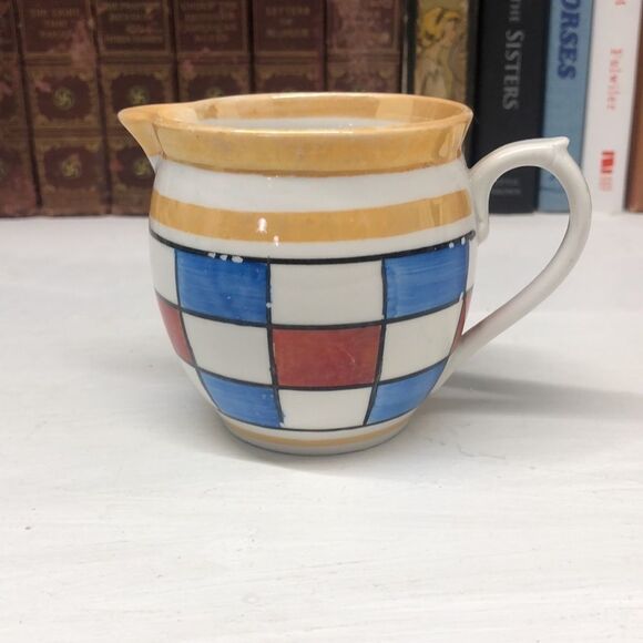 VINTAGE Czechoslovakia Pottery Creamer with Blue and Red Checks Art Deco 0415 - Picture 1 of 6